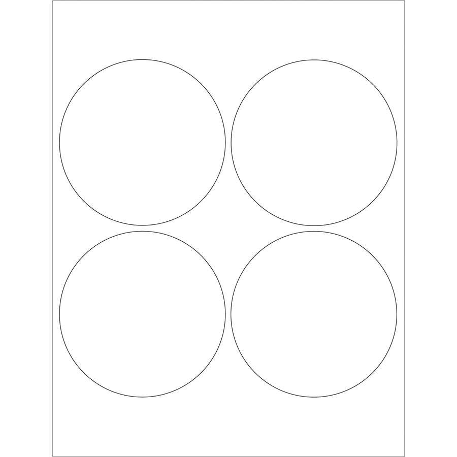 Professional 4-inch glossy white circle laser labels designed for shipping coordinators who need reliable, jamming-resistant labels for logistics operations. Each case contains 400 pre-cut labels with permanent acrylic adhesive and heat-resistant properties to withstand warehouse and transport conditions. Ready to format with included Microsoft Word template.