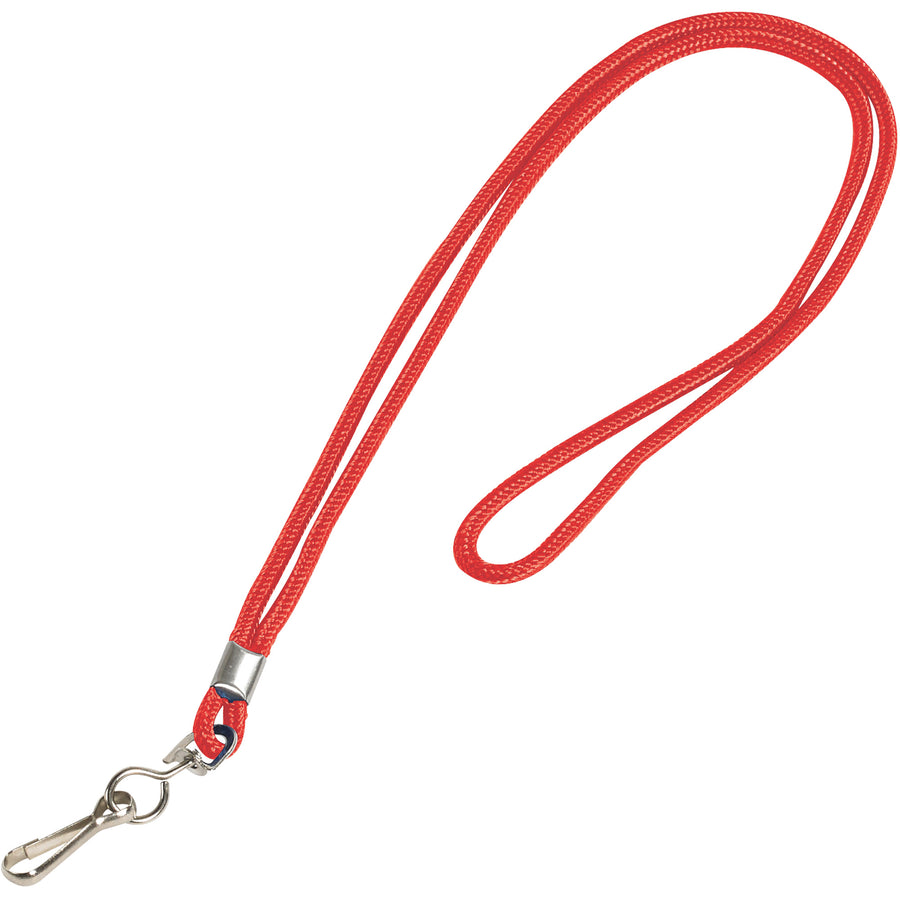 Professional 36" red nylon lanyard with secure swivel metal hook for badge display. Comfortable woven material protects clothing from damage. Sold by the case of 24 units‚ideal for bulk ID badge programs and visitor management systems.