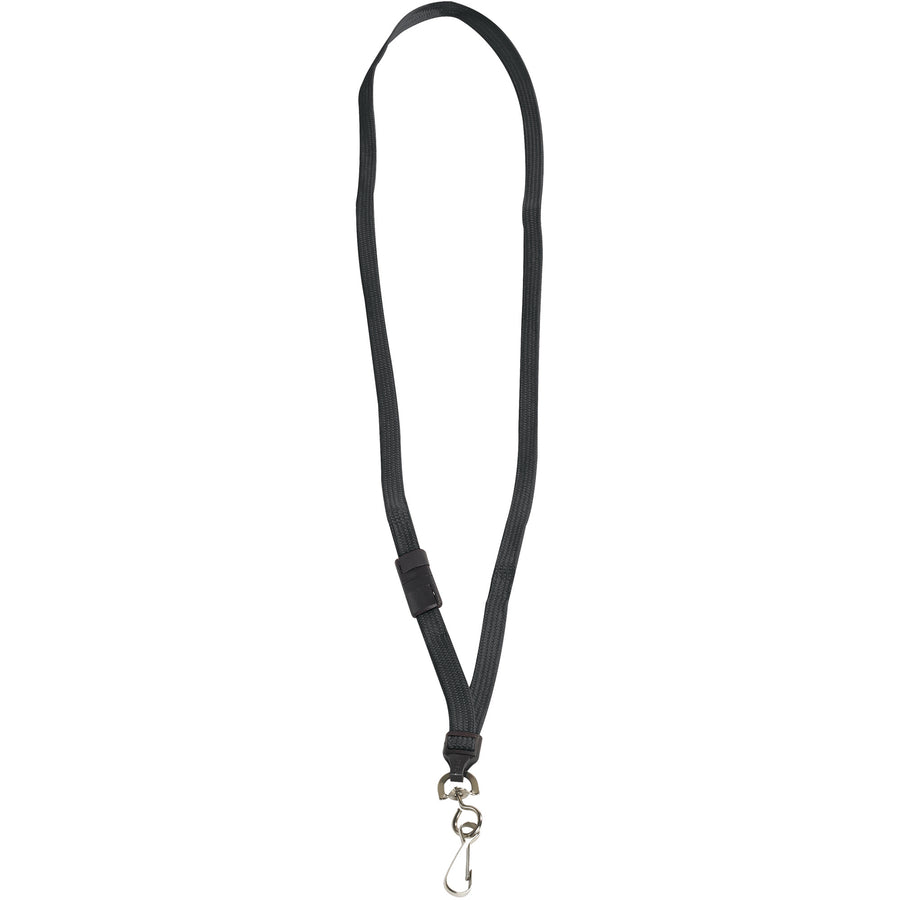38" flat-woven black nylon breakaway lanyards designed to release under 4-8 lbs of pull force, protecting employees from caught clothing hazards. Each lanyard features a durable swivel hook attachment and ships in convenient cases of 24–ideal for corporate ID badges, event name tags, and industrial identification programs.