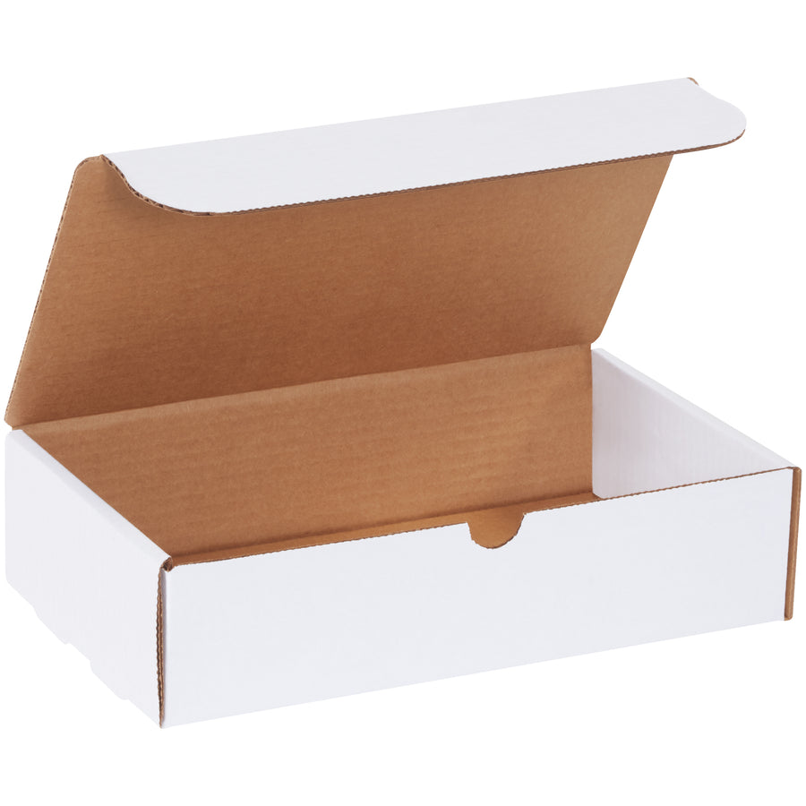 Ready-to-ship white corrugated literature mailers sized at 11x6.5x2.75" with secure self-sealing tabs and professional presentation. ECT-32-B corrugated construction delivers crush resistance without custom carton costs. Sold as a bundle of 50 with no assembly supplies required.