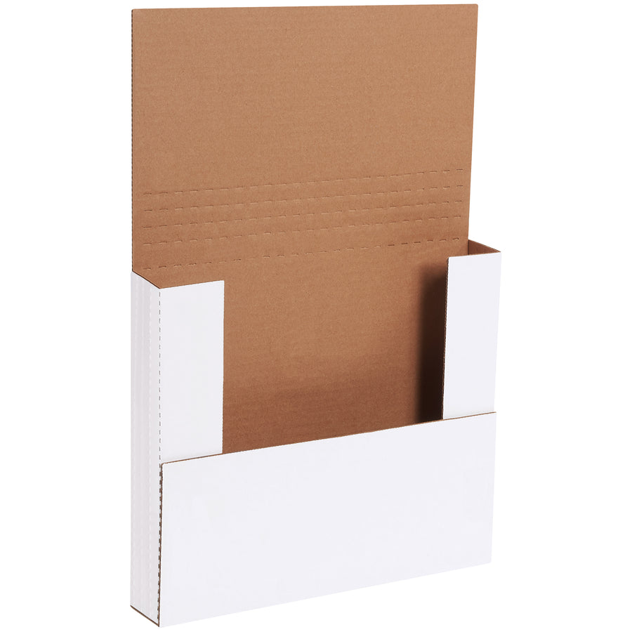 Professional white corrugated easy-fold mailers designed for e-commerce brands shipping flat materials like framed pictures and artwork. Multi-depth scoring provides flexible folding options while ECT-32-B construction delivers crush-resistant protection. 50-pack bundle of 12x10.5x2 cardboard mailers with self-seal tape compatibility.