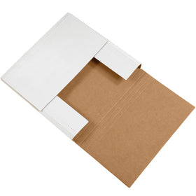Professional white corrugated easy-fold mailers designed for e-commerce brands shipping flat items like framed pictures, prints, and documents. Multi-depth scoring at 12.5x12.5x2 allows custom folding from 2" depth, with crush-resistant ECT-32-B construction ensuring safe arrival. Bundle of 50 mailers provides reliable, cost-effective shipping protection.