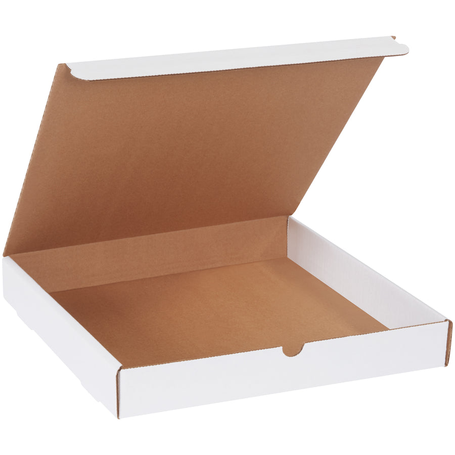 Ready-to-use 14" x 14" x 2" white literature mailers designed for e-commerce brands shipping promotional materials, catalogs, and flat products. ECT-32-B corrugated construction delivers crush resistance without custom tooling costs. Secure self-sealing tabs require no additional supplies–fold, tuck, and ship in seconds.