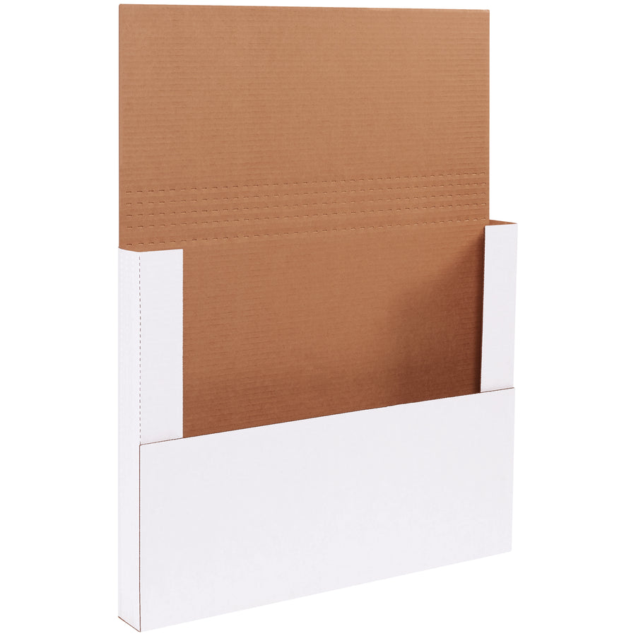Professional-grade white corrugated easy-fold mailers sized 17.25" x 11.25" x 2" (50-pack). ECT-32-B crush-resistant cardboard construction with multi-depth scoring for flexible folding. Perfect for shipping flat materials, framed pictures, and documents while maintaining pristine brand presentation.