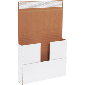 Secure self-seal white corrugated mailers designed for e-commerce brands shipping documents, literature, and small products. These 12 1/8 x 9 1/8 x 2" deluxe easy-fold mailers feature multi-depth scoring, tear-strip opening, and ECT-32-B crush-resistant construction. Bundle of 25 units.