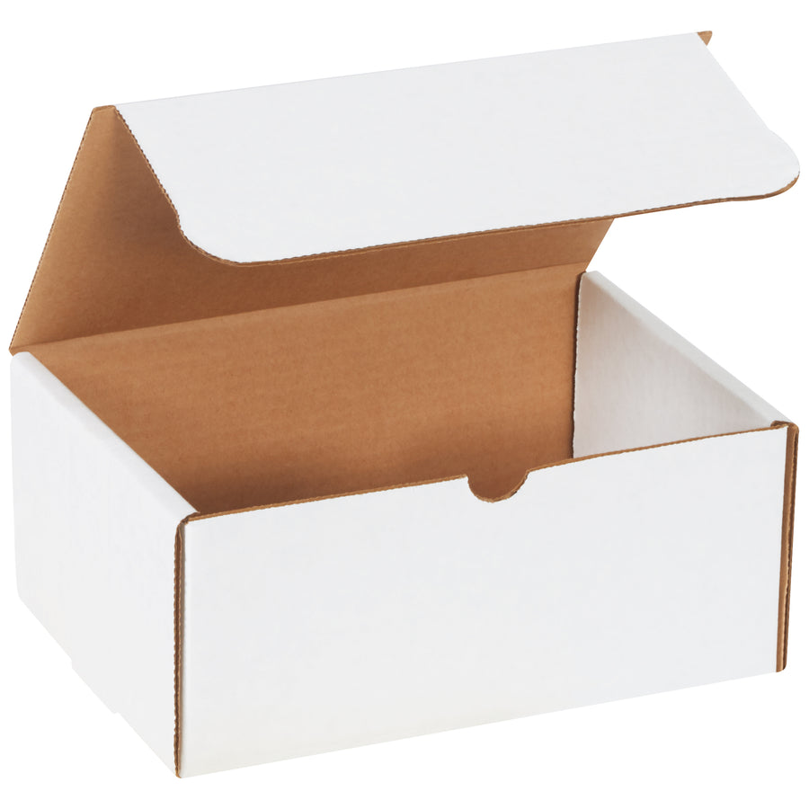 Professional white corrugated literature mailers sized 9" x 6.25" x 4" with built-in self-sealing tabs for secure, crush-resistant packaging. Strong ECT-32-B construction eliminates custom carton costs. Ready-to-use 50-pack bundle–no additional supplies needed.