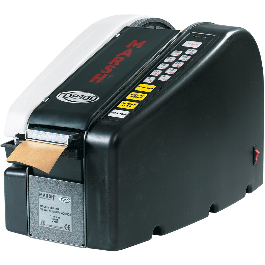 The Marsh® TD2100 electric paper gum tape dispenser automates accurate tape dispensing with programmable lengths from 5-99 inches at the touch of a key. Heavy-duty stainless steel guillotine cutter, adjustable tape guides, and industry-leading 70oz water bottle ensure consistent seal quality and minimal downtime. Metal/plastic construction (18.9"W x 10.5"D x 13.7"H) backed by an 18-month Marsh® warranty.