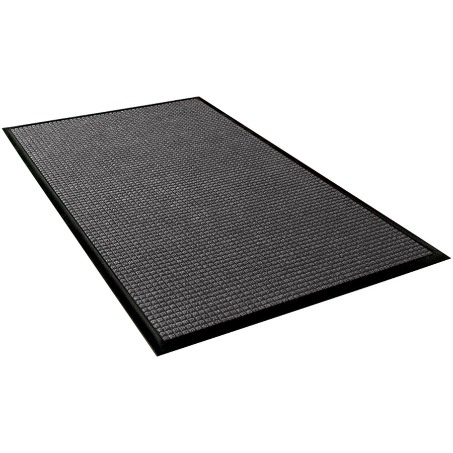 Industrial-grade Waterhog™ runner mat featuring a raised waffle pattern that effectively scrapes dirt, water, and debris from shoes. This 20' x 4' rubber floor mat absorbs moisture and dries quickly, keeping facility entrances safer and cleaner. Easy maintenance: vacuum, hose off, or steam clean.