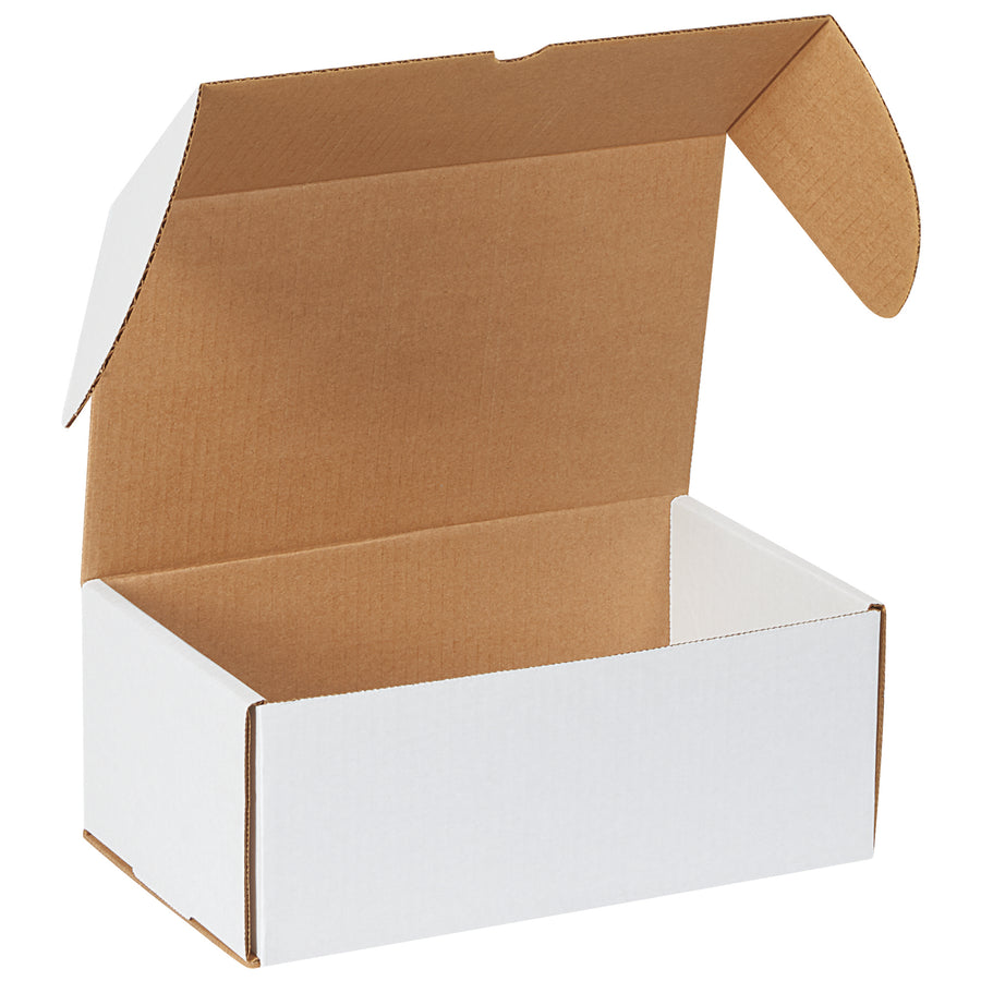 Premium white outside tuck mailers designed for e-commerce brands shipping small goods, literature, and media. Features secure front-lock tabs and double-wall protection on 3 sides. Ships flat in convenient bundles of 25 for efficient storage.