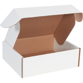 Professional 12x10x4 white corrugated literature mailers featuring protective side flaps and front locking tabs for maximum document security. Manufactured from strong ECT-32-B material with enhanced stacking strength. Assembles in seconds without tape, glue, or staples‚50 per bundle.