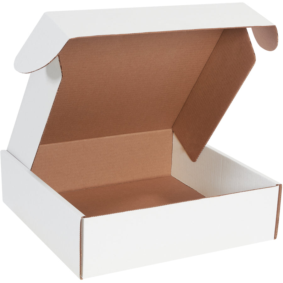 Professional 14" x 14" x 4" white corrugated literature mailers with self-sealing front locking tabs and protective side flaps for maximum crush resistance. ECT-32-B strength material assembles tape-free in seconds. Bundle of 50 boxes perfect for e-commerce brands shipping catalogs, documents, and flat-pack items.