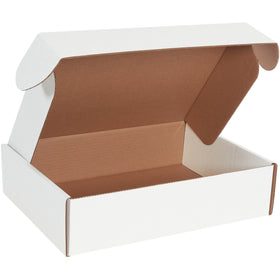 Professional 16x12x4 deluxe white corrugated literature mailers featuring self-sealing front locking tabs and protective side flaps for maximum document protection. ECT-32-B construction delivers crush resistance and superior stacking strength. Assembles instantly without tape, glue, or staples–sold as a bundle of 50.