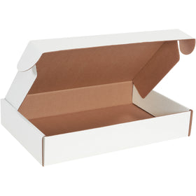 Professional-grade white corrugated literature mailers designed for e-commerce brands requiring maximum document protection and polished presentation. Features self-sealing front locking tabs, protective side flaps for enhanced stacking strength, and ECT-32-B corrugated construction. Assembles instantly without tape, glue, or staples–sold as a convenient 50-pack bundle.