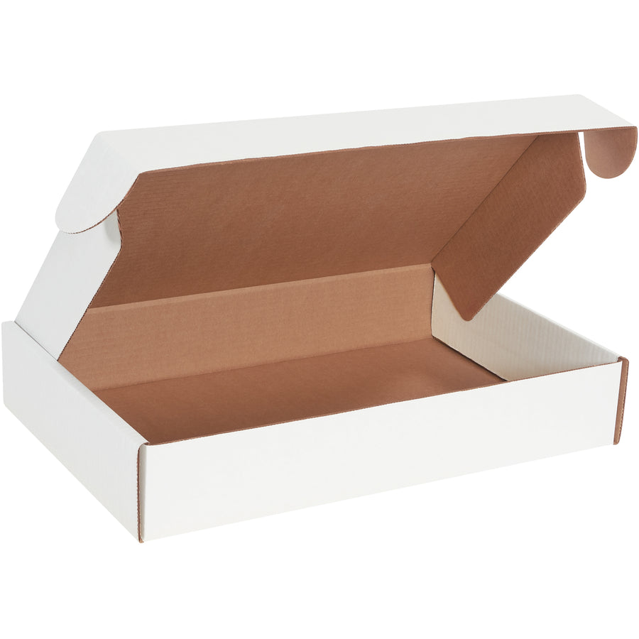 Professional-grade white corrugated literature mailers designed for e-commerce brands requiring maximum document protection and polished presentation. Features self-sealing front locking tabs, protective side flaps for enhanced stacking strength, and ECT-32-B corrugated construction. Assembles instantly without tape, glue, or staples–sold as a convenient 50-pack bundle.