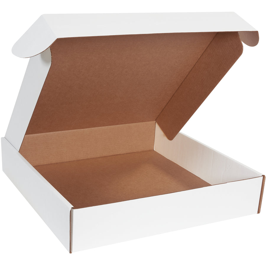 Professional 20x20x4" deluxe white literature mailers built from sturdy ECT-32-B corrugated material with protective side flaps and self-locking front closure. No tape, glue, or staples needed–assembles in seconds. Sold as 25-pack bundle for e-commerce brands demanding crush-resistant, puncture-proof document protection.