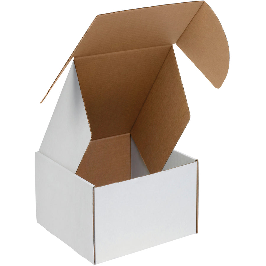 Professional-grade 4x4x4 deluxe white literature mailer built from ECT-32-B corrugated with protective side flaps and front locking tabs for maximum crush resistance. Assembles in seconds without tape, glue, or staples. Sold as a bundle of 50 boxes.