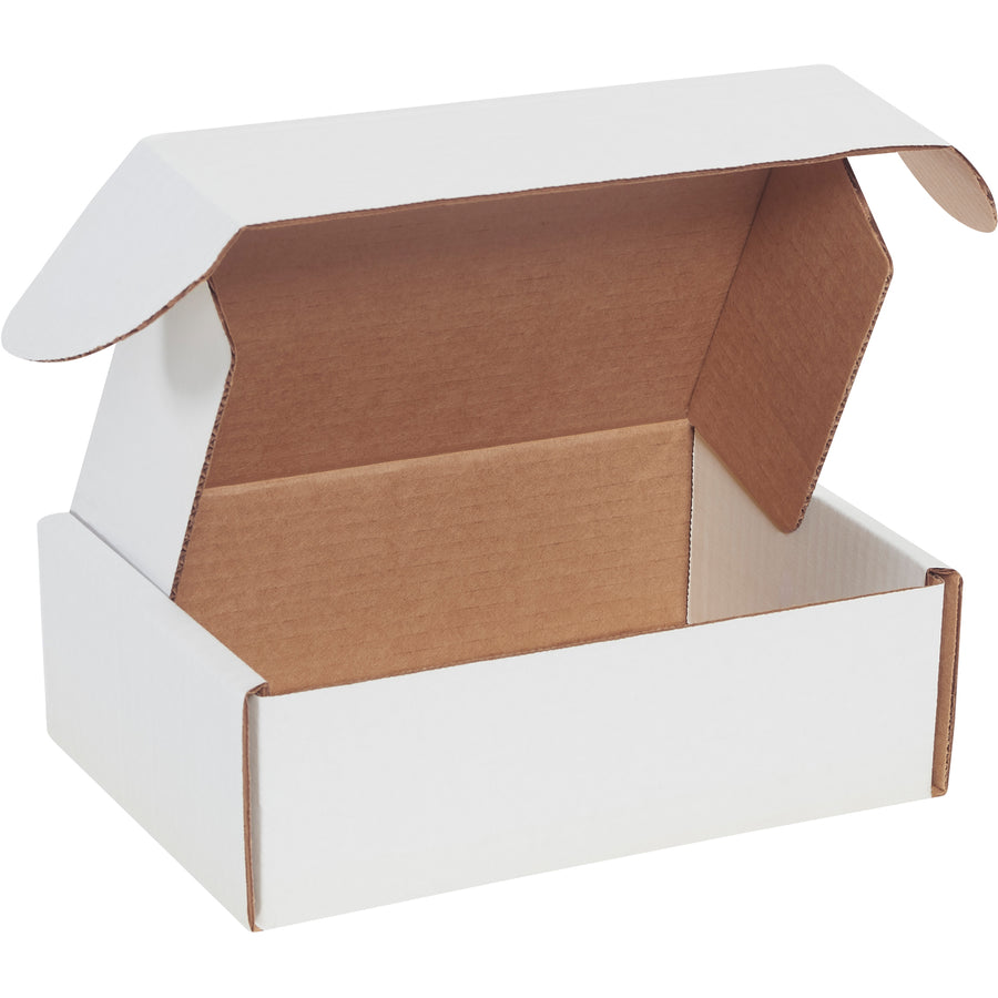 Ship documents with confidence using these 9x6.25x3 deluxe white literature mailers. Made from strong ECT-32-B corrugated with protective side flaps and front locking tabs for maximum document security. Assembles in seconds without tape, glue, or staples–50 boxes per bundle.