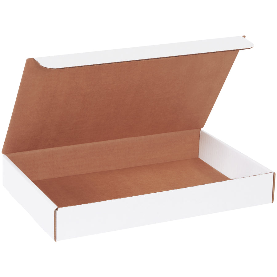 Professional-grade white corrugated literature mailers featuring self-sealing tabs that fit snugly for secure closure every time. Strong ECT-32-B construction protects contents during shipping. Pre-sized 14 1/8 x 8 3/4 x 2 dimensions eliminate custom carton costs–sold as a convenient 50-pack bundle with quick fold-and-tuck assembly.