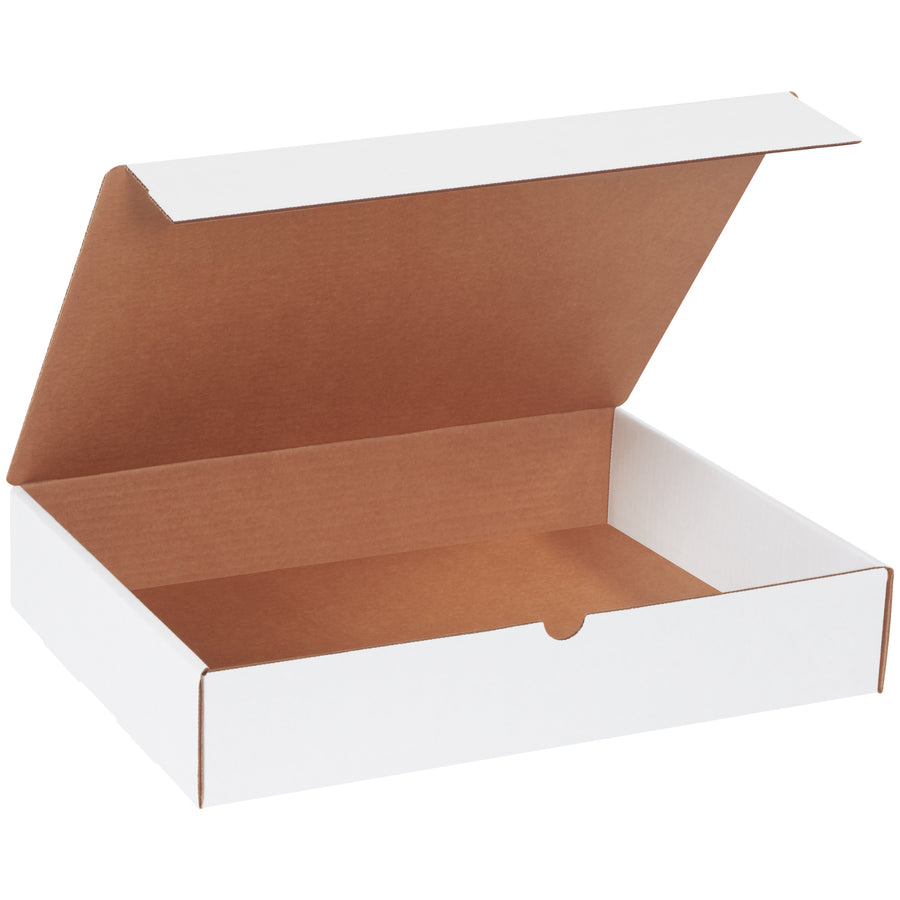 Professional white corrugated literature mailers in 16" x 12" x 3" dimensions with secure self-sealing tabs and no-assembly-required design. ECT-32-B crush-resistant corrugated construction protects your marketing materials in transit. Sold in bundles of 50 for cost-effective bulk shipping.