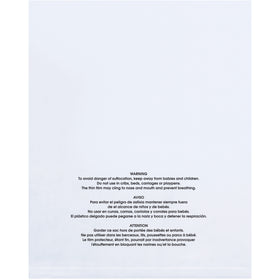 Heavy-duty 2 mil polyethylene flat bags measuring 22x24" with printed suffocation warning in English, Spanish, and French. Ships as a case of 500 clear plastic bags. Ideal for retail, food, and industrial storage applications requiring child-safety compliance.