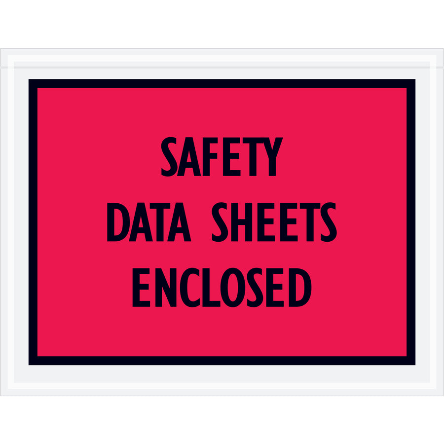 Heavy-duty 2 mil polyethylene SDS envelopes with pre-printed safety data sheet messaging. 7" x 5.5" red envelopes feature adhesive backing to secure to shipments, pallets, or documentation. Case of 1000 envelopes reduces regulatory risk and improves shipping compliance.