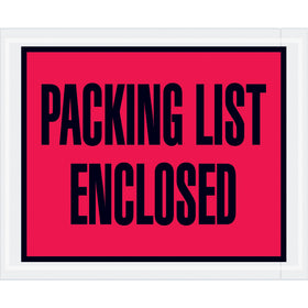 Pre-printed "Packing List Enclosed" envelopes designed for shipping managers who need fast, reliable document protection. 4.5" x 5.5" red poly envelopes with hot melt adhesive backing–1,000 per case. Strong adhesion to corrugated boxes and paper.