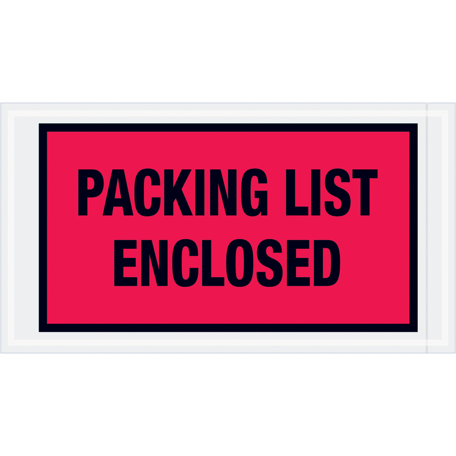 Pre-printed red "Packing List Enclosed" envelopes protect shipping documents with strong hot melt adhesive backing. Heavy 2 mil poly construction measures 5.5" x 10" and ships as a case of 1,000 envelopes. Full-face design ensures visibility and compliance for every shipment.