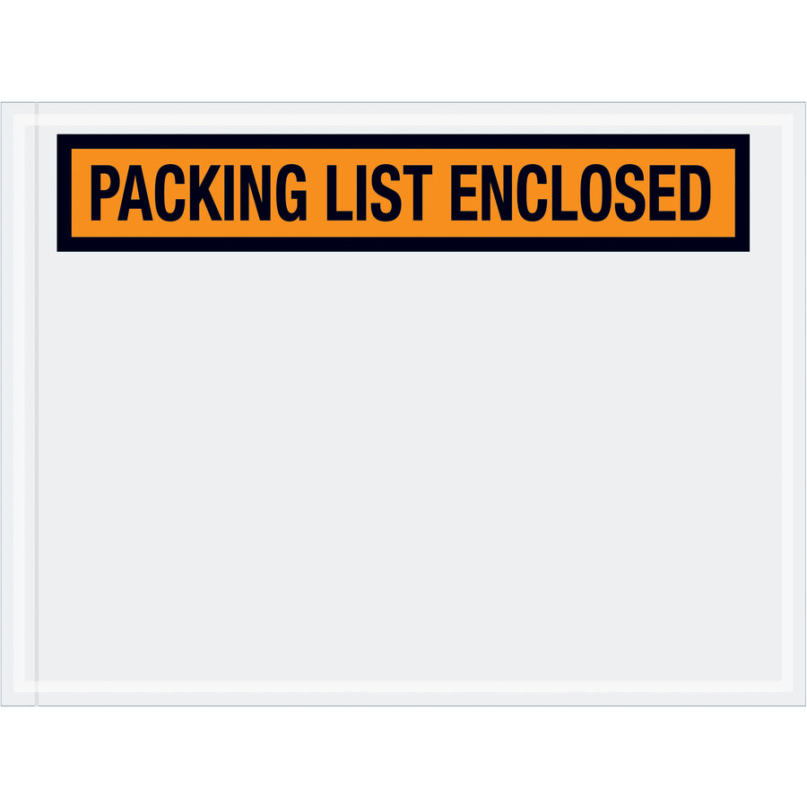 Orange "Packing List Enclosed" envelopes designed for shipping managers who need reliable document protection. Heavy 2 mil poly construction with hot melt adhesive backing ensures secure attachment to packages and corrugated boxes. Pre-printed messaging eliminates manual labeling–1,000 envelopes per case.