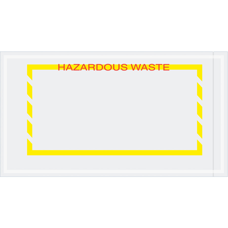 Pre-printed yellow document envelopes designed for hazardous waste shipping compliance. Heavy 2 mil poly construction with hot melt adhesive backing securely adheres to corrugated boxes and paper surfaces. Ships 1,000 envelopes per case for cost-effective bulk ordering.