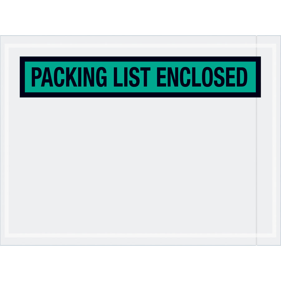 Pre-printed green "Packing List Enclosed" envelopes designed for shipping managers who need reliable document protection. 4.5" x 6" heavy-duty 2 mil poly with hot melt adhesive backing for superior adhesion to corrugated and paper surfaces. Order by the case of 1,000 and streamline your fulfillment process.