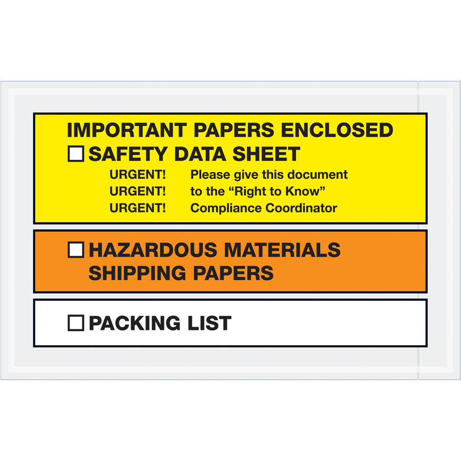 Durable 2 mil polyethylene SDS envelopes with pre-printed "Safety Data Sheet" messaging for instant regulatory compliance. 6.5" x 10" yellow/orange envelopes feature adhesive backing to secure packing lists and material safety data sheets. Order by the case (1000 units) for cost-effective bulk shipping and inventory management.