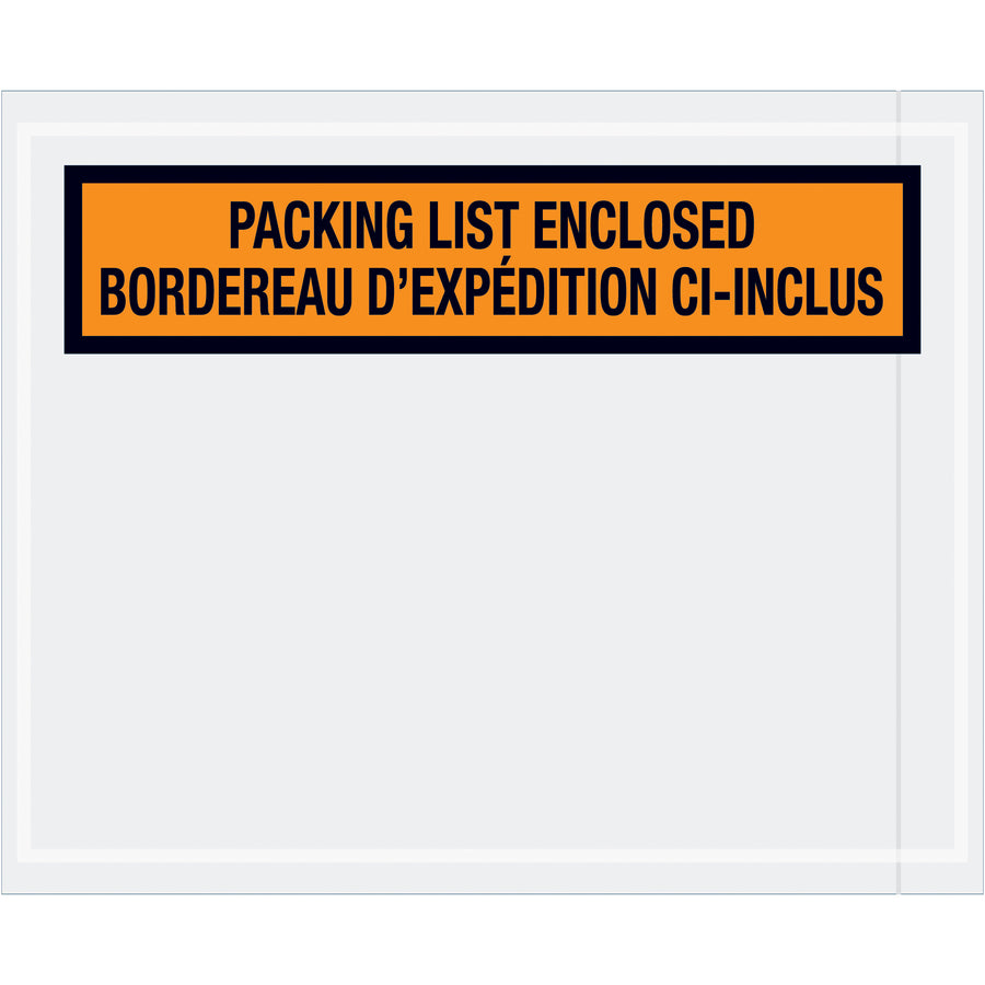 Protect and organize shipping documents with our 4.5x5.5" bilingual packing list envelopes made from durable 2 mil poly material. Pre-printed in English and French with "Packing List Enclosed," these adhesive-backed envelopes securely attach to packages for compliance and professionalism. Order by the case of 1000 and reduce document handling costs.