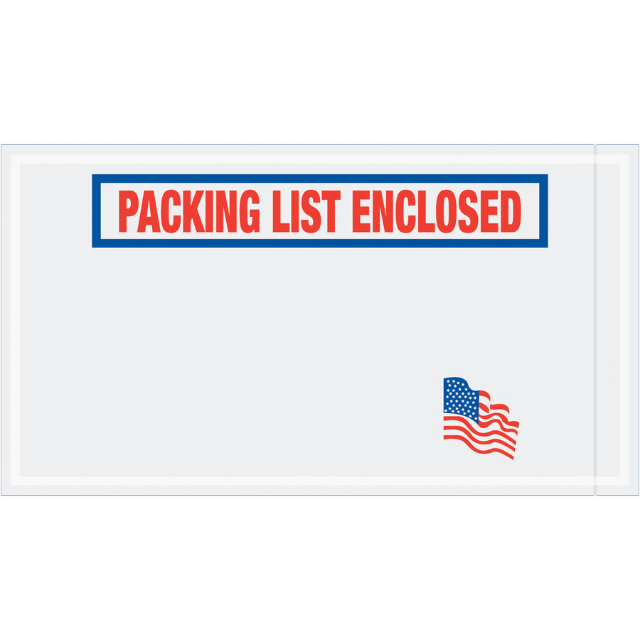 Heavy-duty 5.5x10" packing list enclosed envelopes manufactured from 2 mil poly with patriotic USA flag pre-printing. Hot melt adhesive backing bonds securely to paper and corrugated boxes. Sold by the case (1000 envelopes) for maximum cost efficiency.