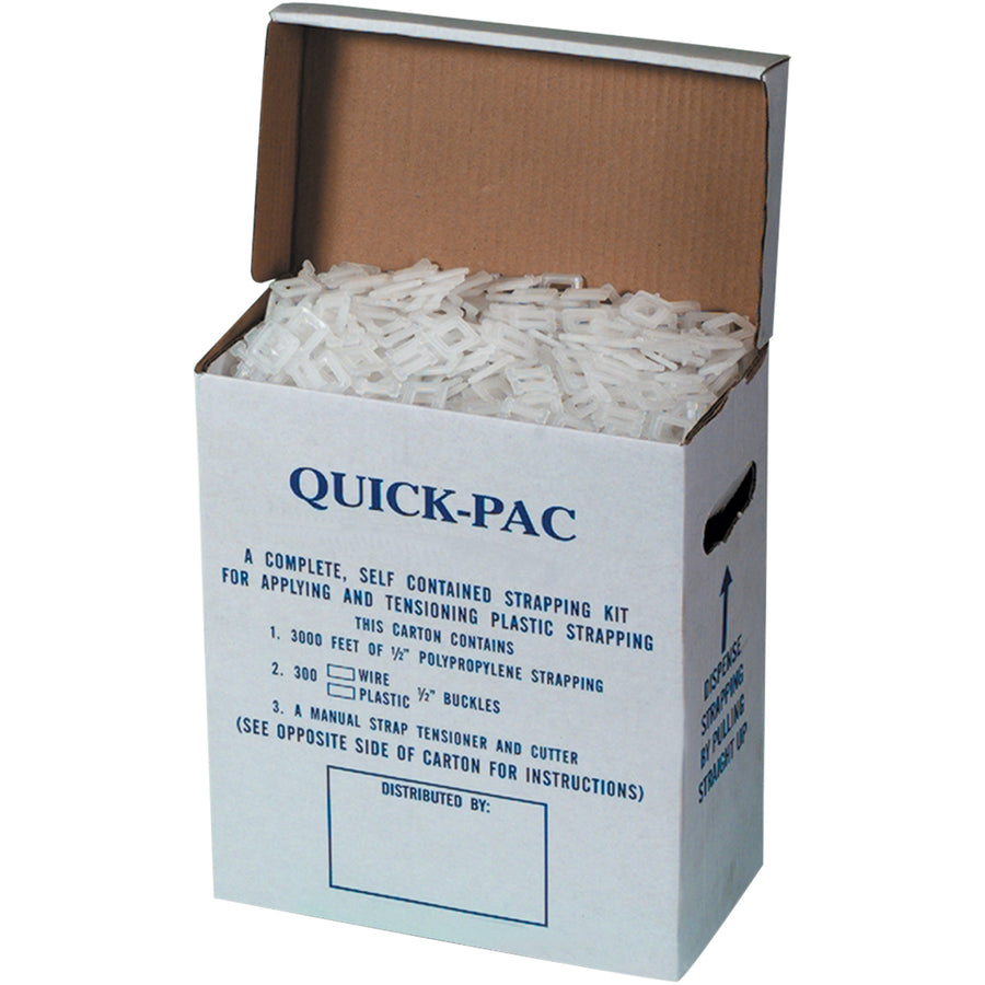 Complete poly strapping kit designed for fast, portable warehouse applications. Includes 3000' of .017 gauge polypropylene strapping with 400 lb break strength, integrated tensioner/cutter tool, and 300 plastic buckles–everything needed for immediate use. Postal-approved for shipping compliance and cost-effective packaging.