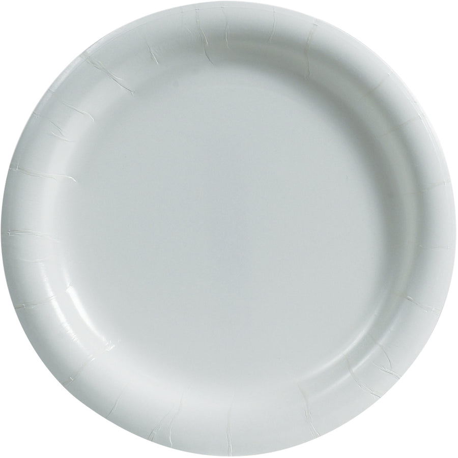Heavy-duty 9" white paper plates designed for demanding food service environments. This case of 500 microwavable plates handles both hot and cold foods without melting or warping. Perfect for break rooms, cafeterias, and high-volume food service operations seeking reliable, cost-effective disposable dinnerware.