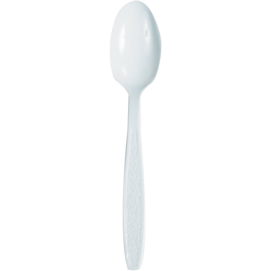 Eliminate washing and replacement costs with bulk white plastic spoons designed for high-volume foodservice. This case of 1000 standard-weight utensils handles daily use in cafeterias, breakrooms, and restaurant carry-out operations without breaking the budget. Stock your facility with reliable disposable silverware that keeps labor costs low.