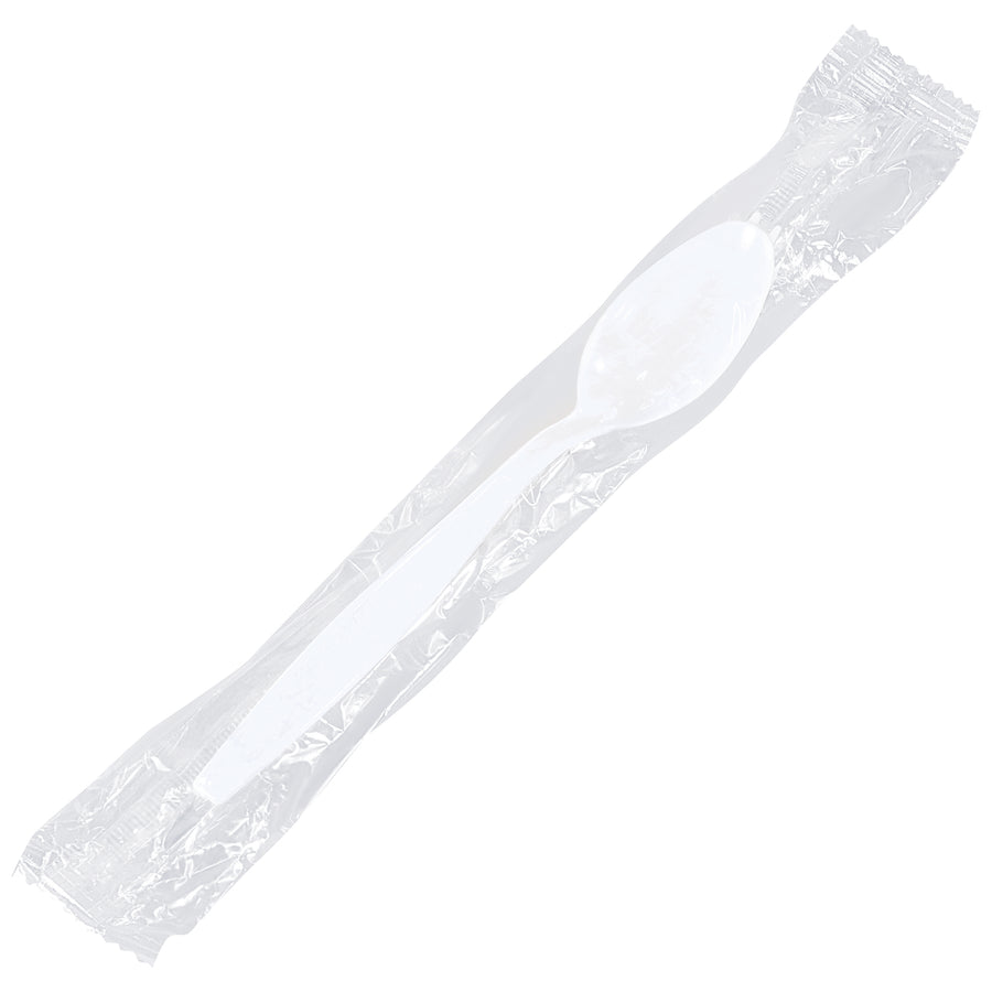 Eliminate silverware costs and washing labor with individually wrapped white plastic spoons designed for high-volume food service operations. Each case contains 1,000 standard-weight spoons, perfect for cafeterias, lunch rooms, and restaurant carry-out orders. Single-serving packaging ensures portion control and hygiene compliance.
