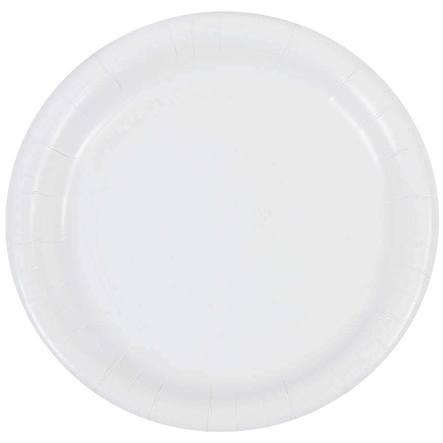 Reliable 7" medium-duty white paper plates built for both hot and cold food applications. Microwave-safe and won't melt with heavy or moist food. Case of 200 disposable plates per order.