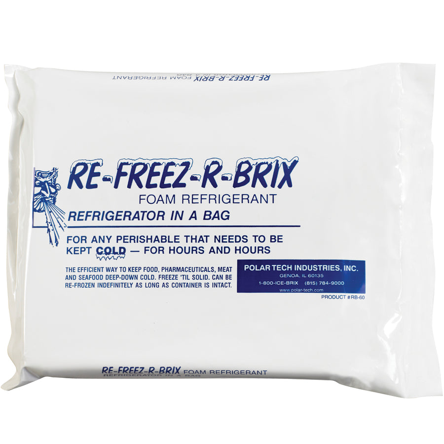 Keep temperature-sensitive pharmaceuticals, blood products, and lab samples protected with Re-Freez-R-Brix cold bricks that maintain uniform chill for over 12 days. These 9x8x1.5" foam refrigerant ice packs feature food-safe, non-toxic materials sealed in heavy-duty plastic pouches for reliable cold chain compliance. Ships as a case of 6 units.