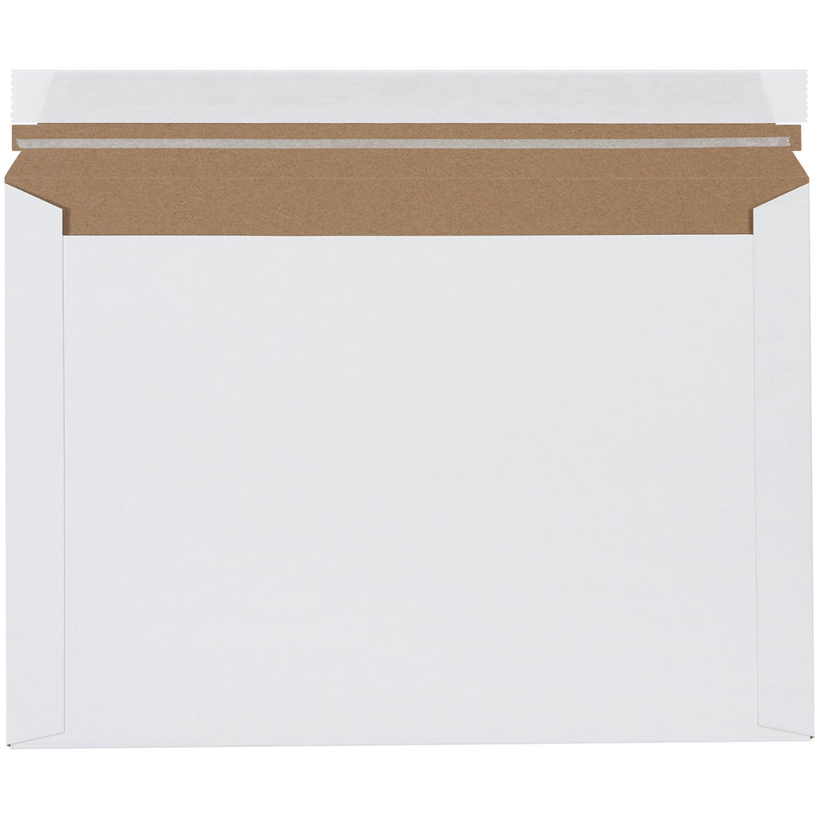 Industry-standard 9.5x12.5" white chipboard express mailers with reliable peel-and-seal closure and pull-tab tear strip. Lightweight .012 chipboard construction requires no additional stiffeners, reducing postage costs while maintaining puncture resistance. Sold by the case of 250 units.