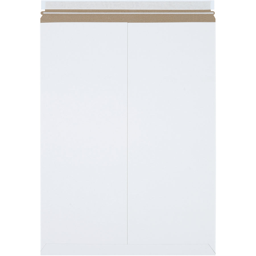 Protect high-value shipments with these 22x27" white self-seal stayflat mailers featuring 0.028" chipboard construction that requires no additional stiffeners. The peel-and-seal closure with pull-tab tear strip delivers fast, secure sealing for e-commerce brands managing high-volume shipping. Sold by the case of 50.