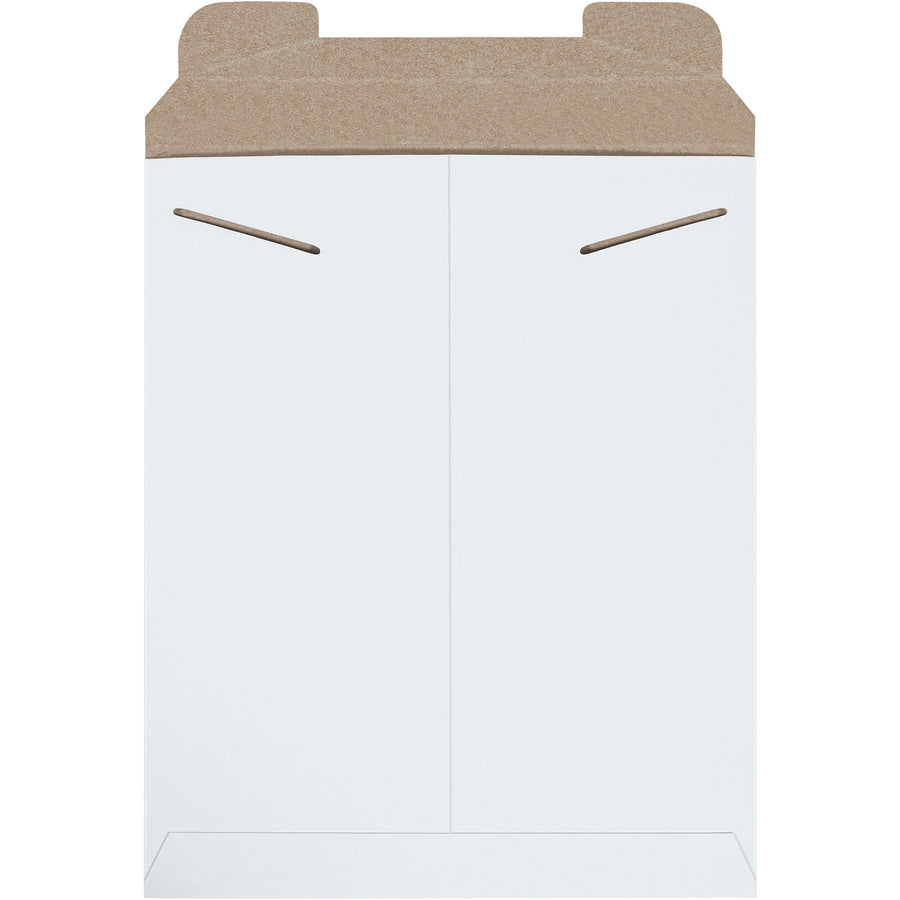Professional white stayflat mailers featuring rigid .028 chipboard construction and secure tab lock closure. Ideal for e-commerce brands shipping photos, documents, and flat goods without additional protective padding. 11 x 13.5" format, 100 mailers per case.