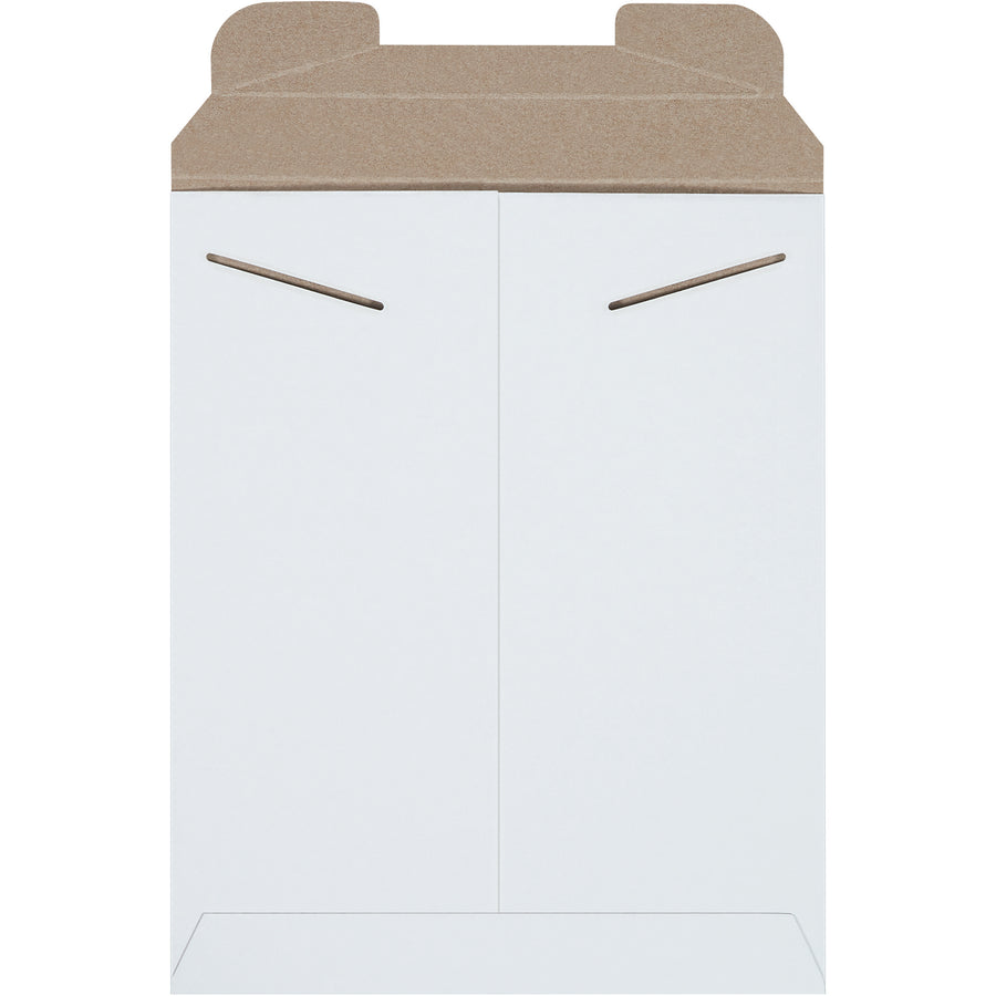 Rigid .028 white chipboard tab lock mailers designed for e-commerce brands shipping photos, documents, and flat merchandise. 9.75" x 12.25" size prevents bending with secure tab lock closure. Lightweight design reduces postage costs–no additional stiffeners needed. Sold by the case (100 units).