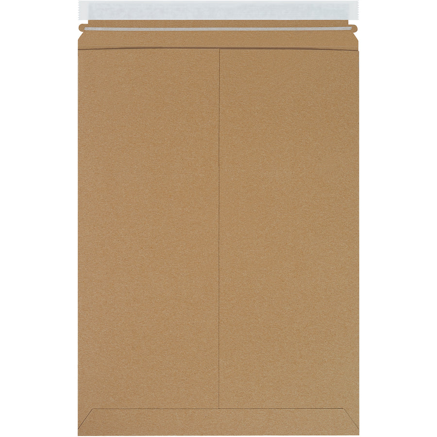 Professional-grade 13 x 18" kraft self-seal Stayflats Plus® mailers protect documents and photos without additional stiffeners. Made from .028 chipboard with peel-and-seal closure and easy pull-tab tear strip. Ships by the case of 100 to reduce postage costs.