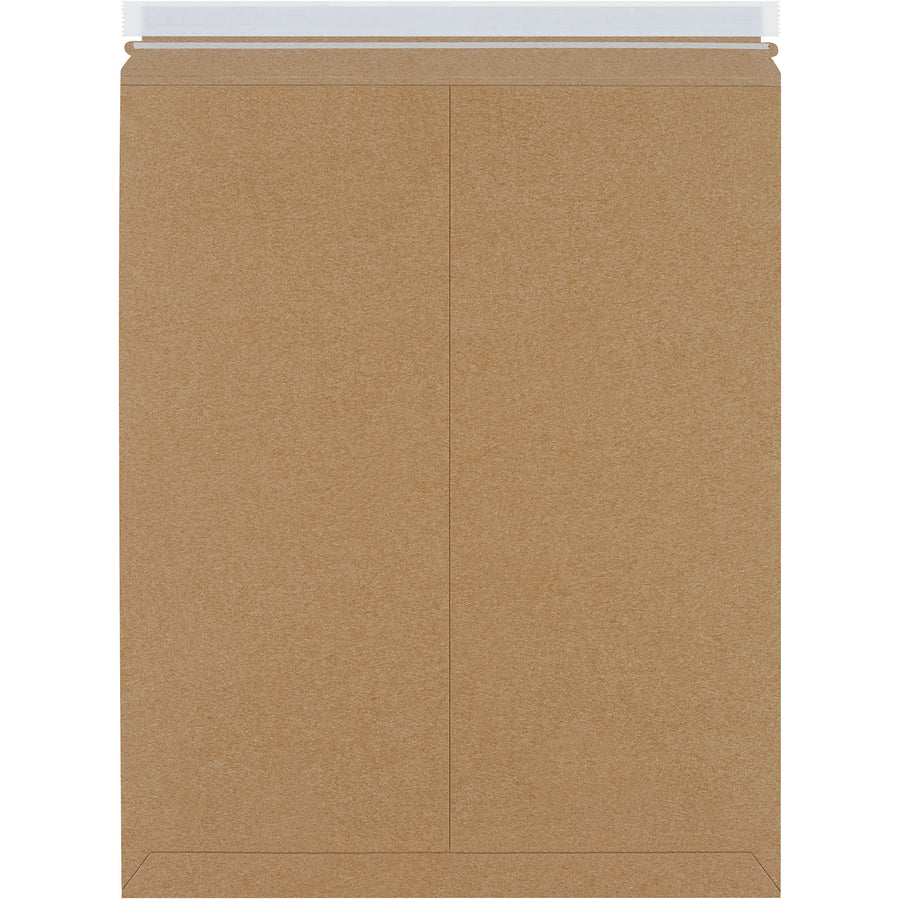 Professional-grade 21x17" kraft self-seal stayflat mailers built from .028 chipboard for maximum puncture resistance and product protection during shipping. Peel-and-seal closure with pull-tab tear strip eliminates extra materials–lightweight design reduces postage costs. Sold by the case of 100.