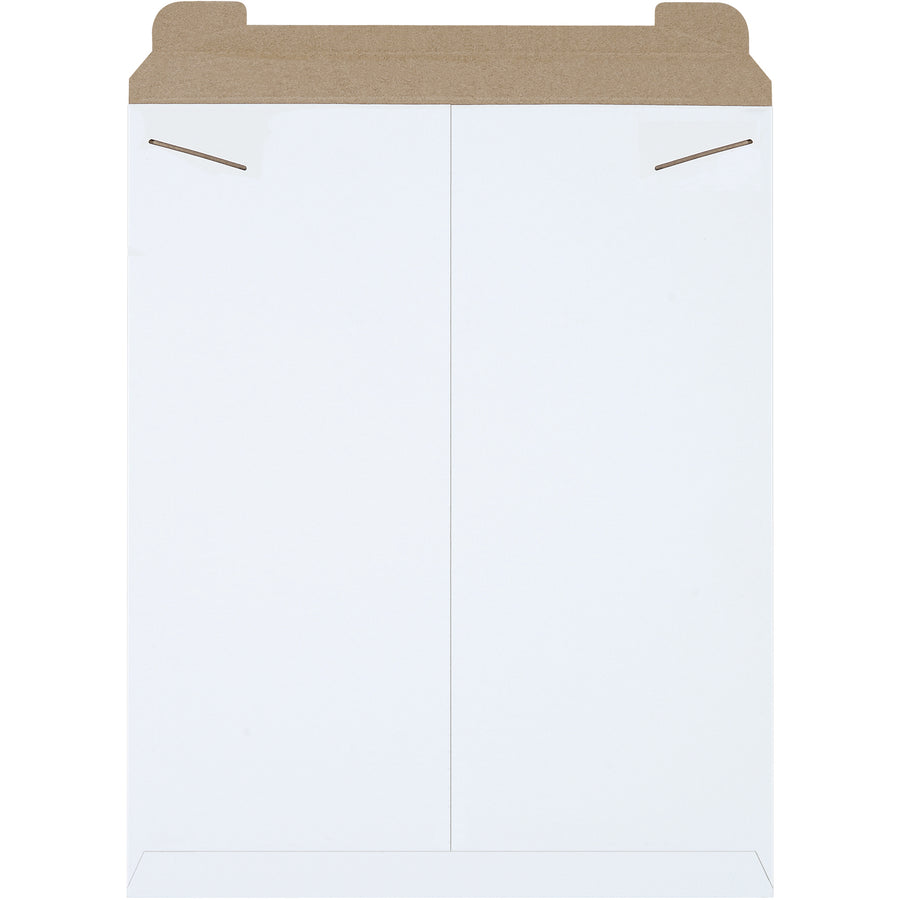 Professional 17x21" white Stayflats mailers with rigid .028 chipboard construction and secure tab lock closure. Protect photos, documents, and flat items without additional stiffeners. Lightweight design reduces postage costs. Sold by the case of 100.