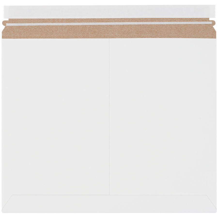 Professional white self-seal stayflat mailers featuring .018 chipboard construction with pressure-sensitive closure and convenient tear strip. These lightweight, eco-friendly flat mailers from Packrift are ideal for e-commerce brands shipping documents, photographs, and promotional items. Case of 200 units.