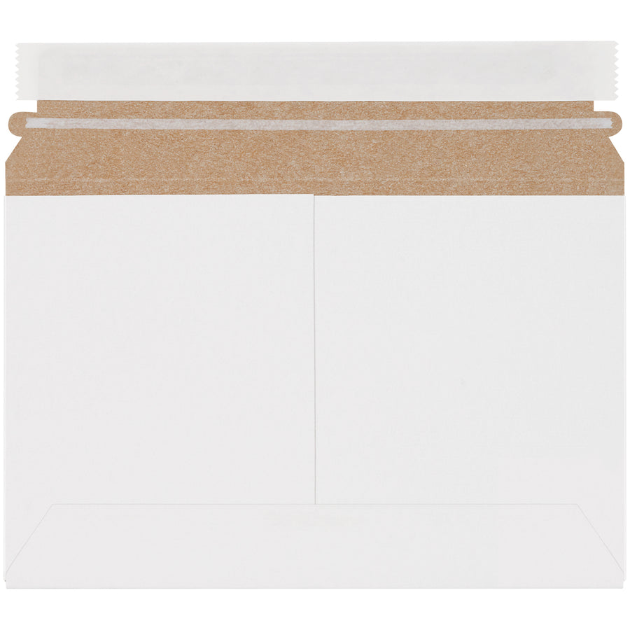 Professional 6" x 9.5" white self-seal stayflat mailers made from 100% recycled .018 chipboard. Features pressure-sensitive adhesive closure with convenient tear strip for quick, secure sealing. Sold by the case of 200 units.