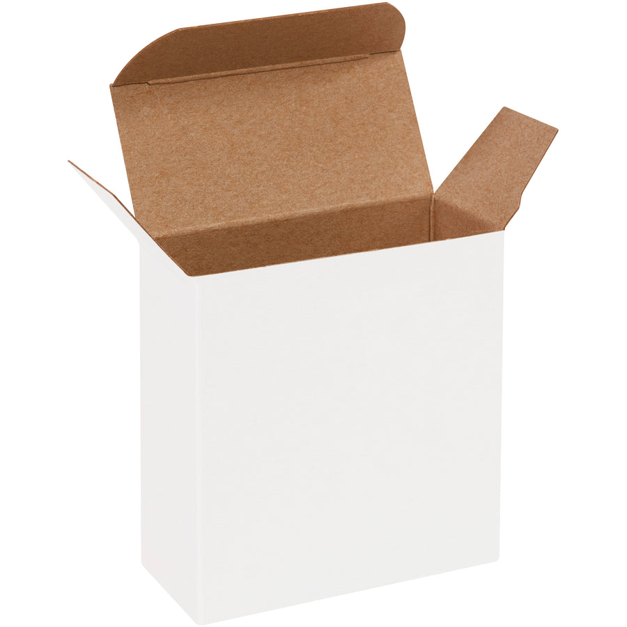 Durable white reverse tuck folding cartons made from .024 point die-cut fibreboard with secure pye-lock tucks for positive closure. Ideal for small product packaging that demands professional appearance and reliable protection. Ships flat for cost-effective storage and logistics–case of 1000 units.