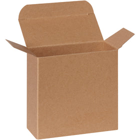 Compact kraft reverse tuck folding cartons designed for small, lightweight products with maximum protection and positive locking. Made from durable 24-point die-cut fibreboard and shipped flat to minimize storage and shipping costs. Case of 250 units meets federal specification PPP-B-566.